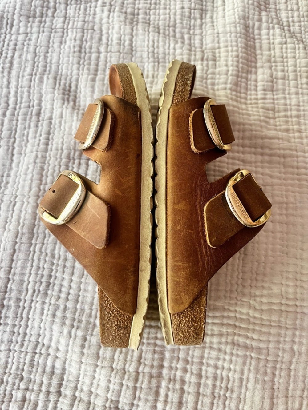 Birkenstock Tan Brown Large Gold Buckle Arizona Leather Sandals 37 - Picture 7 of 10